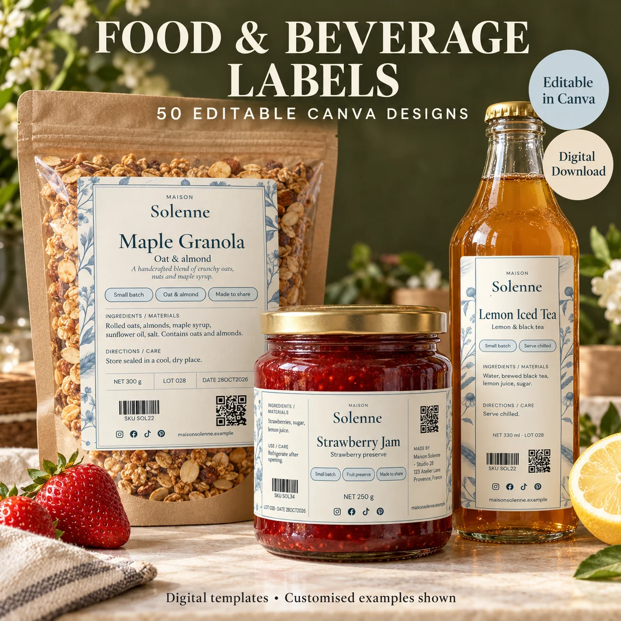 Food & Beverage Label Templates for Canva, 50 Blue Botanical Packaging Designs