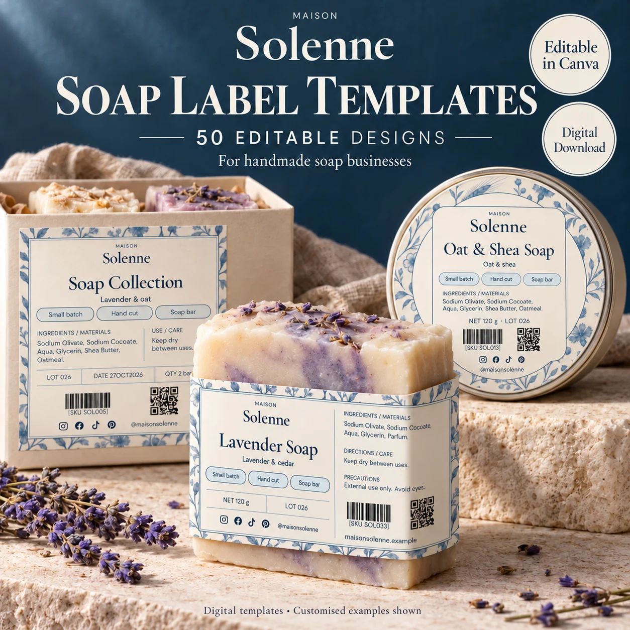 Handmade Soap digital label templates shown on example packaging